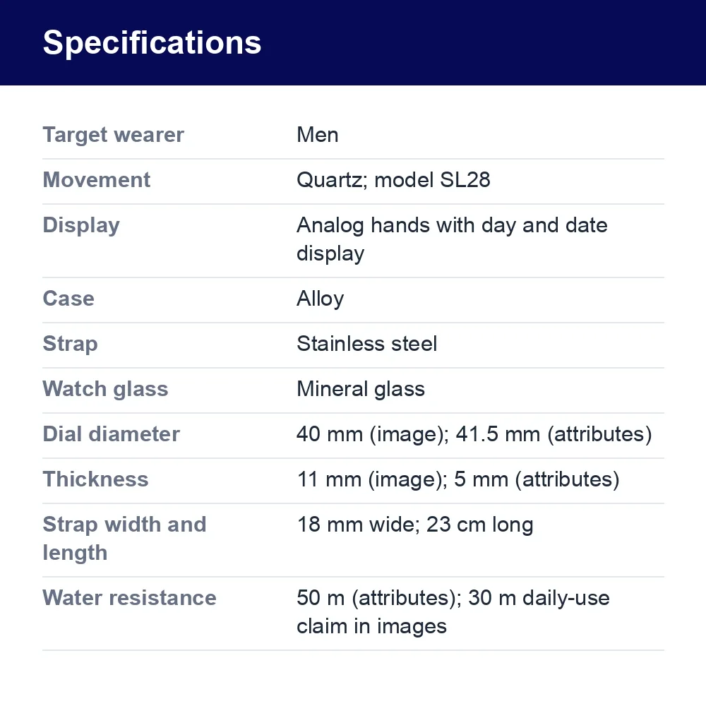 Men’s Quartz Watch, 30 m Water Resistance, Green Dial – specifications