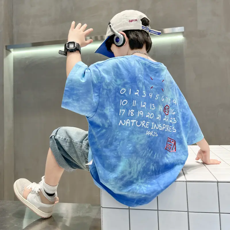 Blue Printed Kids T-Shirt Medium Large Summer Casual Wear - Image 4