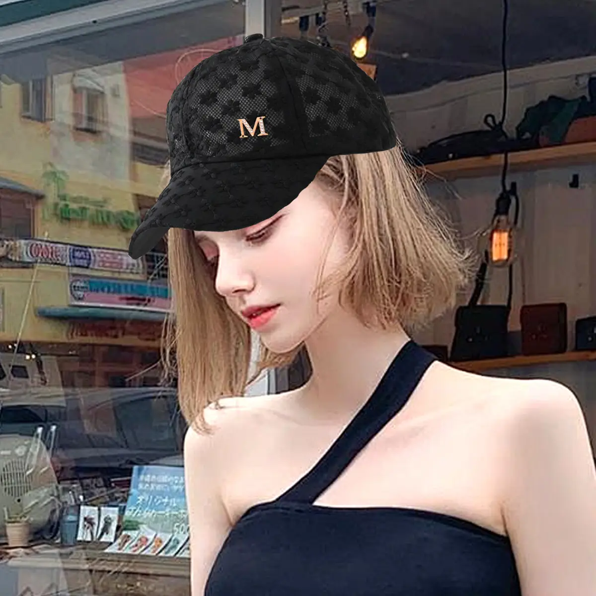 Women's Pink Hollow Lace Baseball Cap with M Logo - Image 5