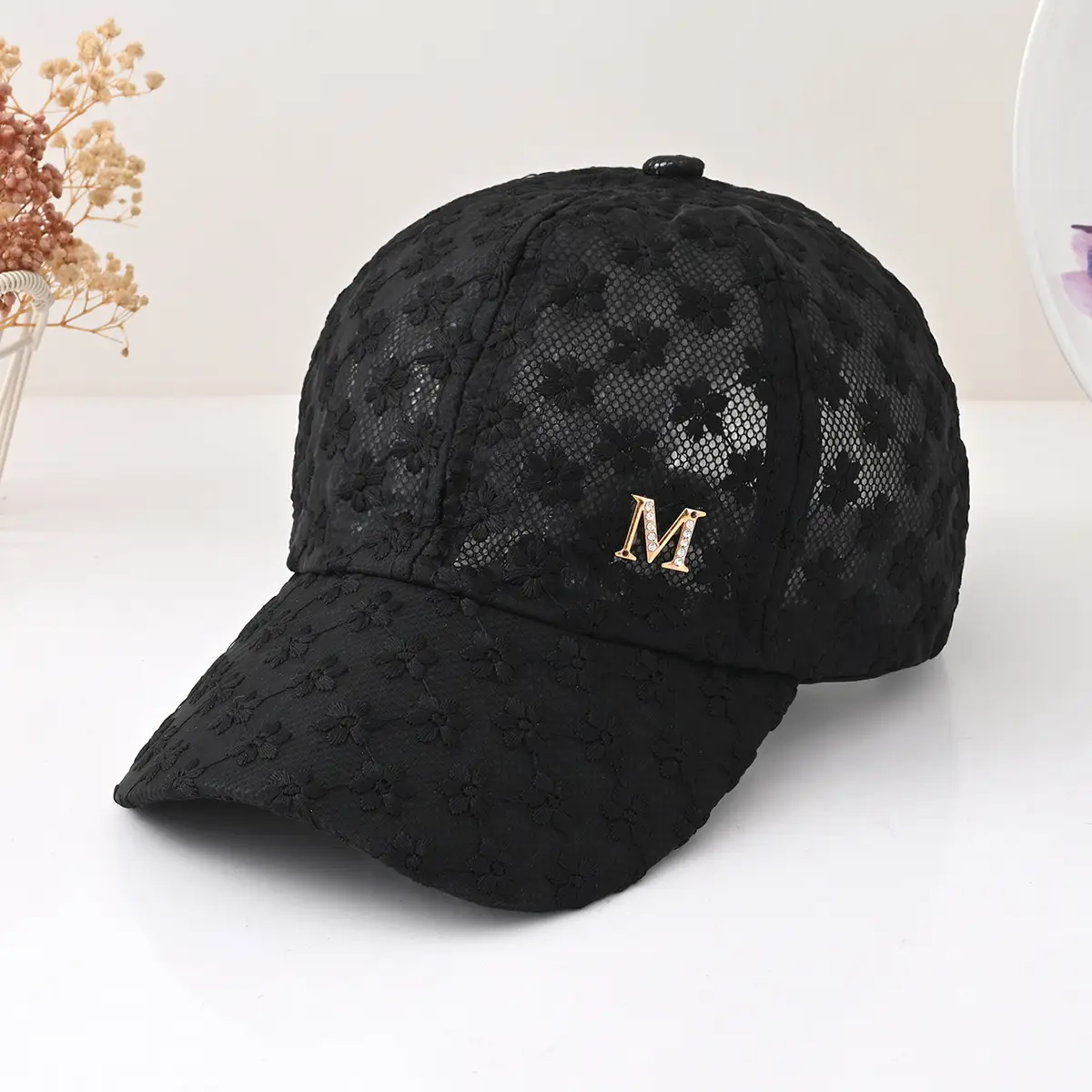 Women's Pink Hollow Lace Baseball Cap with M Logo — feature 1