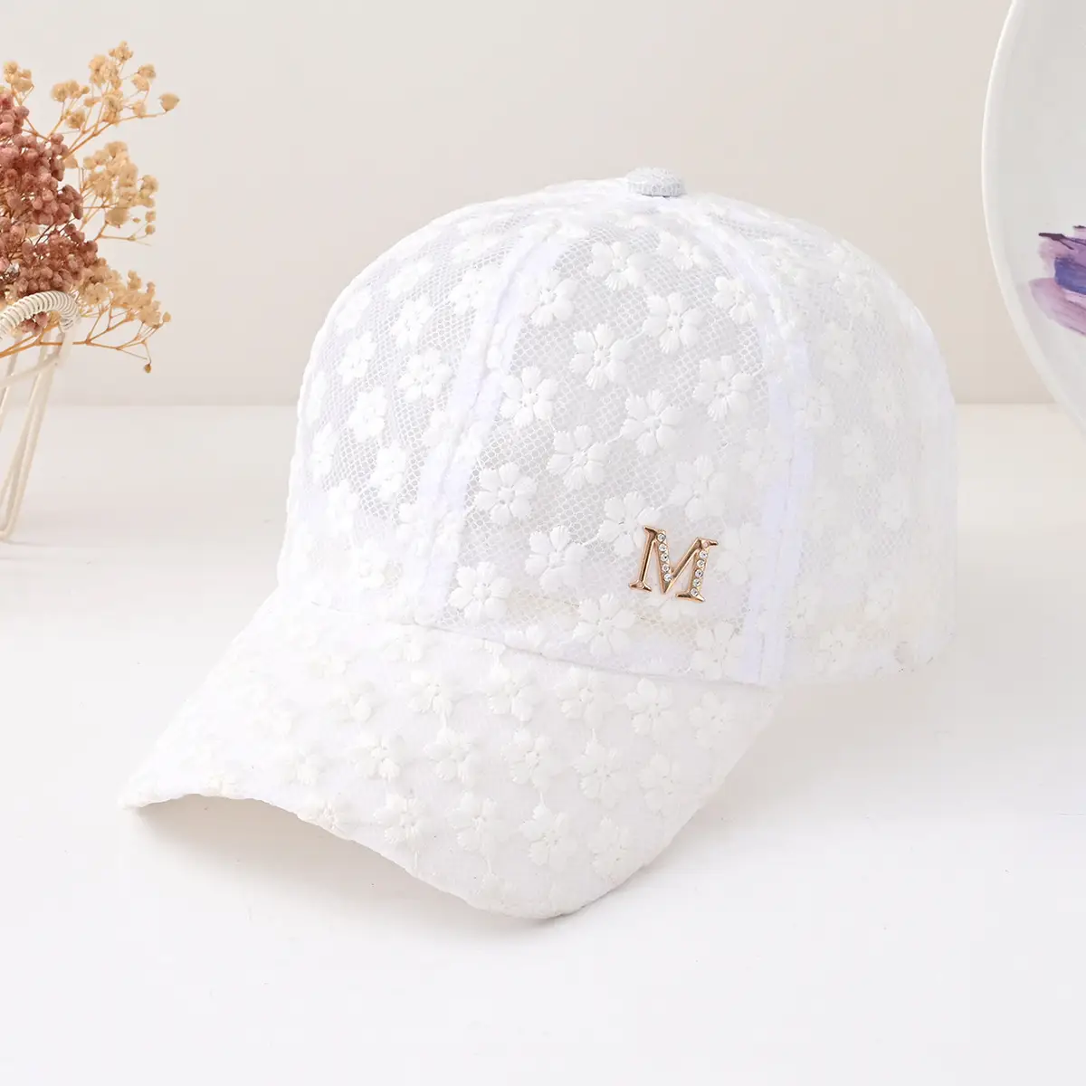Women's Pink Hollow Lace Baseball Cap with M Logo — feature 3