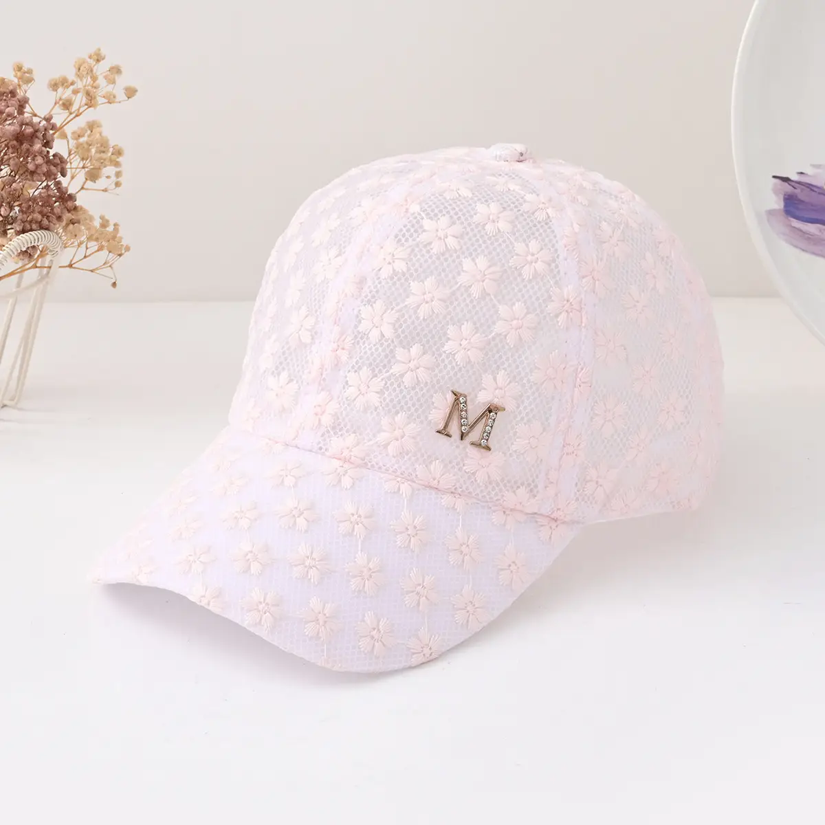 Women's Pink Hollow Lace Baseball Cap with M Logo — feature 4