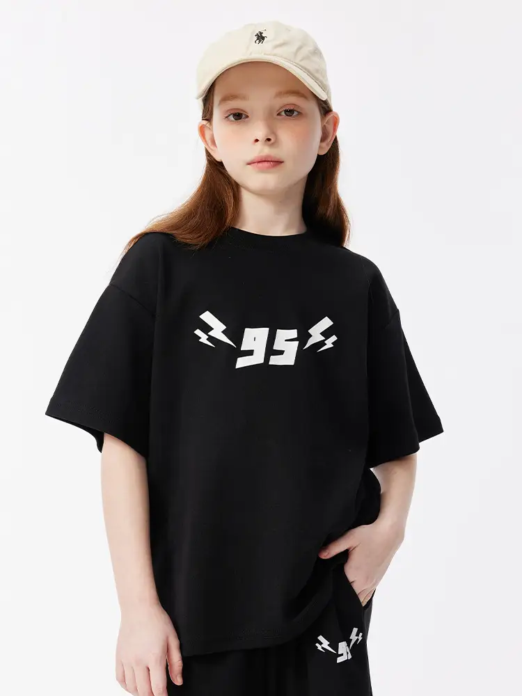 Black Flocking Printed Short Sleeve T-Shirt for Girls Boys - Image 5