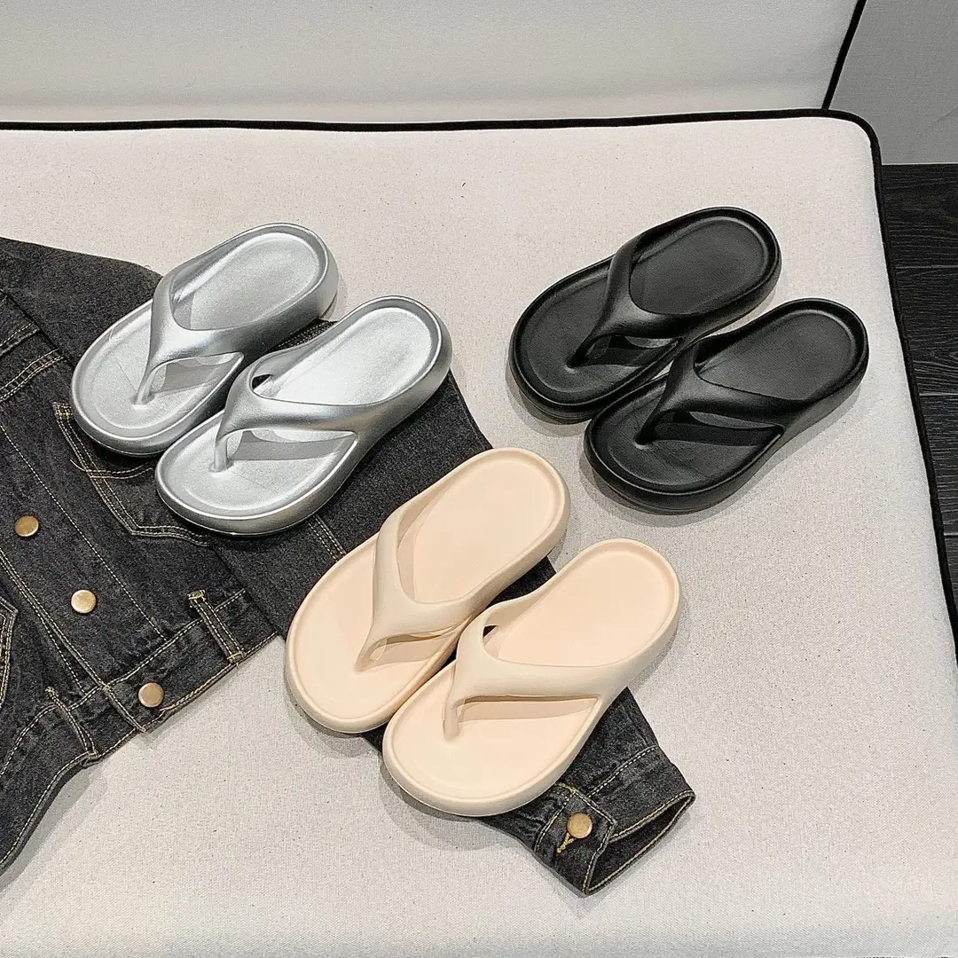 Thick-Soled Flip-Flops for Women Summer Eva European and American Ins Trbottomy Soft-Soled Flats-Soled Electroplated Silver Korean Fashion Sandals - Image 7