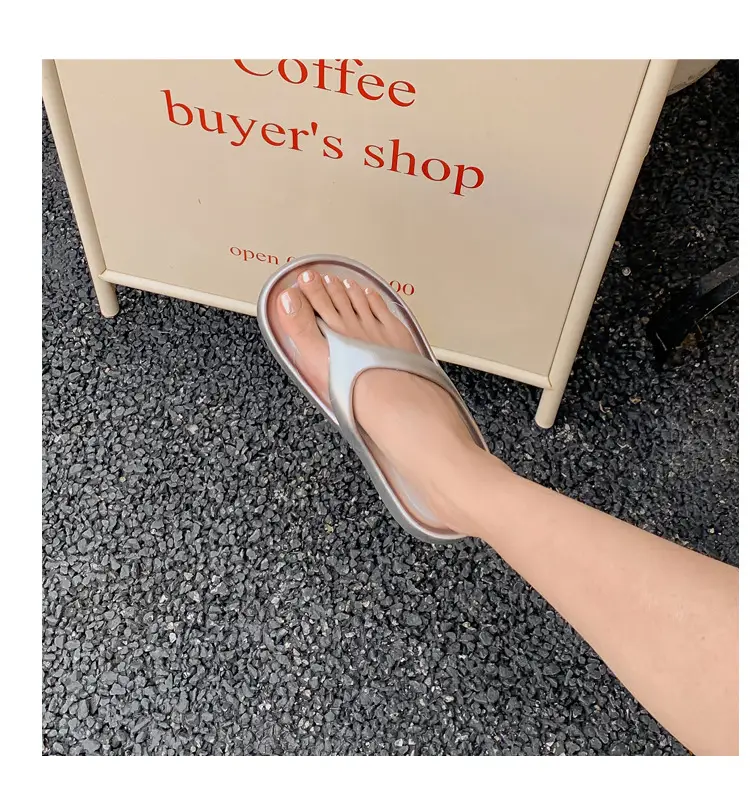 Thick-Soled Flip-Flops for Women Summer Eva European and American Ins Trbottomy Soft-Soled Flats-Soled Electroplated Silver Korean Fashion Sandals — feature 19