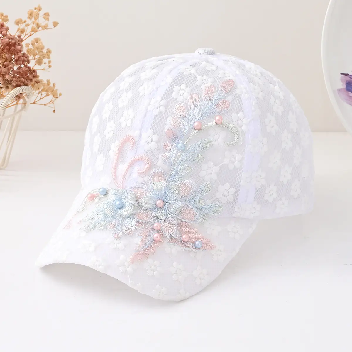Sweet Hollow Embroidered Pearl Flower Mesh Baseball Caps - Image 2