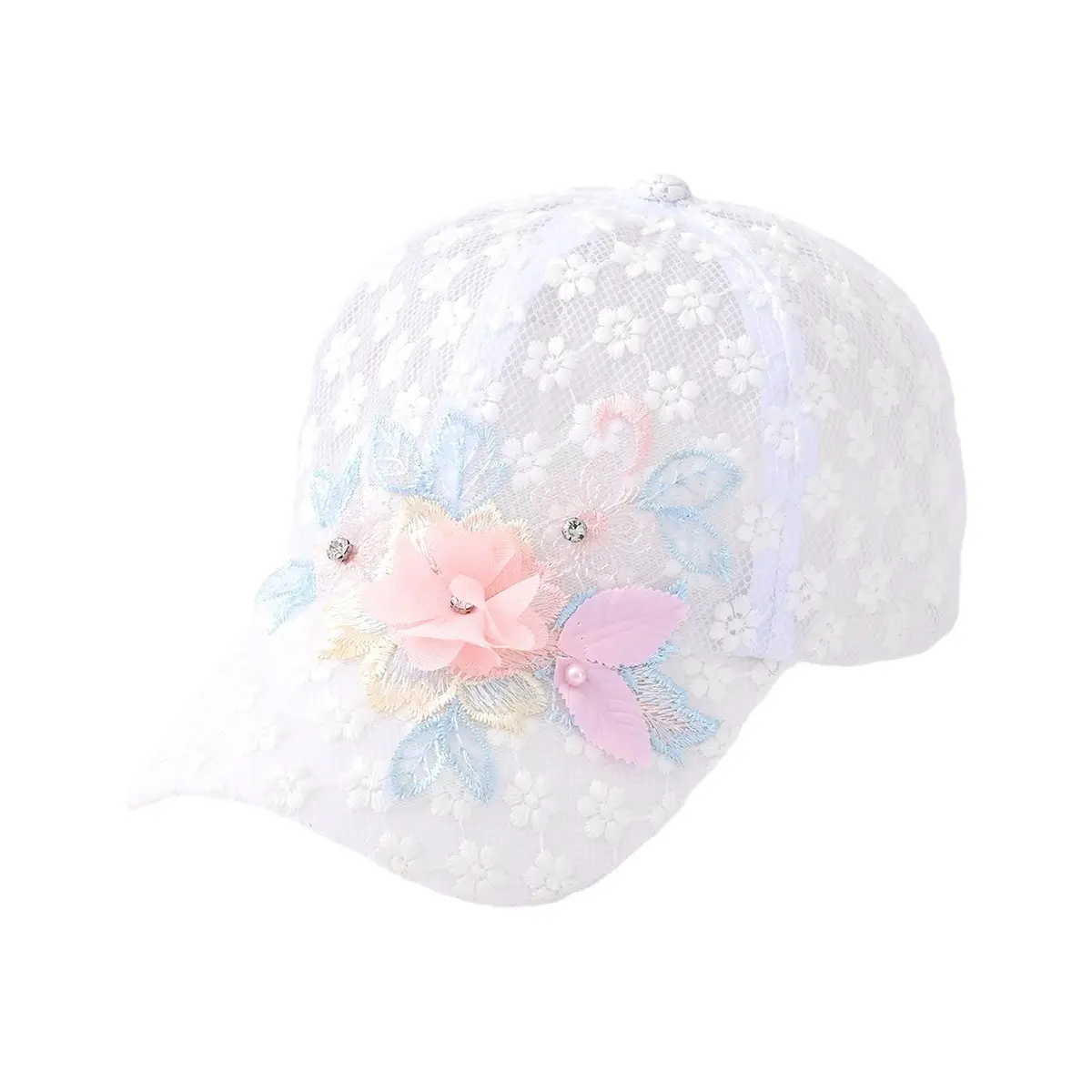 Sweet Hollow Embroidered Pearl Flower Mesh Baseball Caps - Image 5