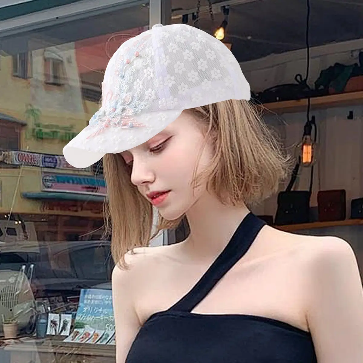 Sweet Hollow Embroidered Pearl Flower Mesh Baseball Caps — feature 3