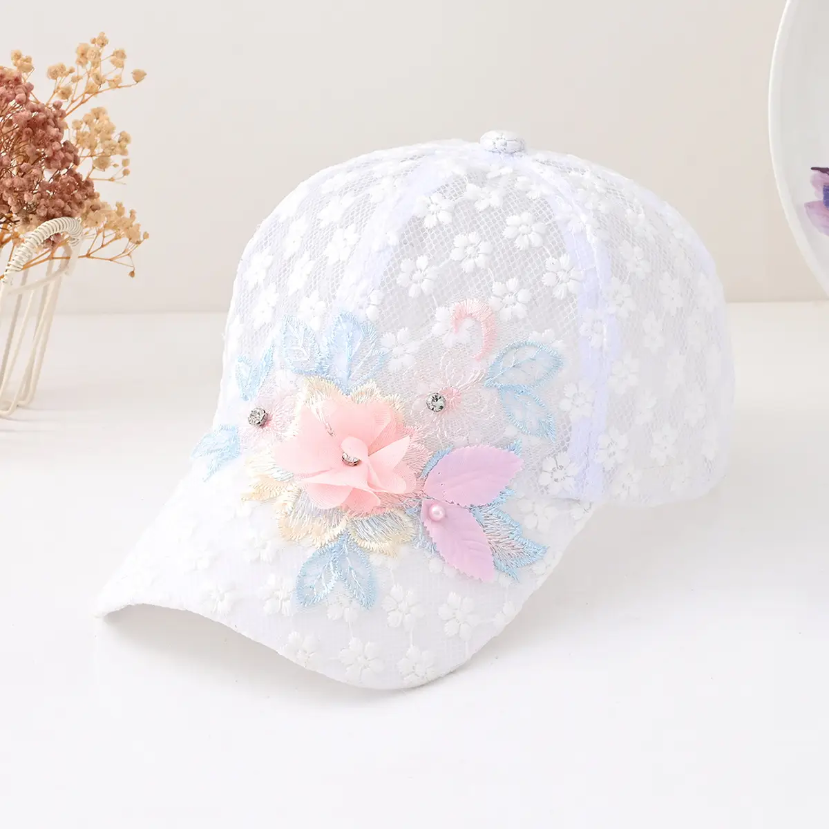 Sweet Hollow Embroidered Pearl Flower Mesh Baseball Caps — feature 4