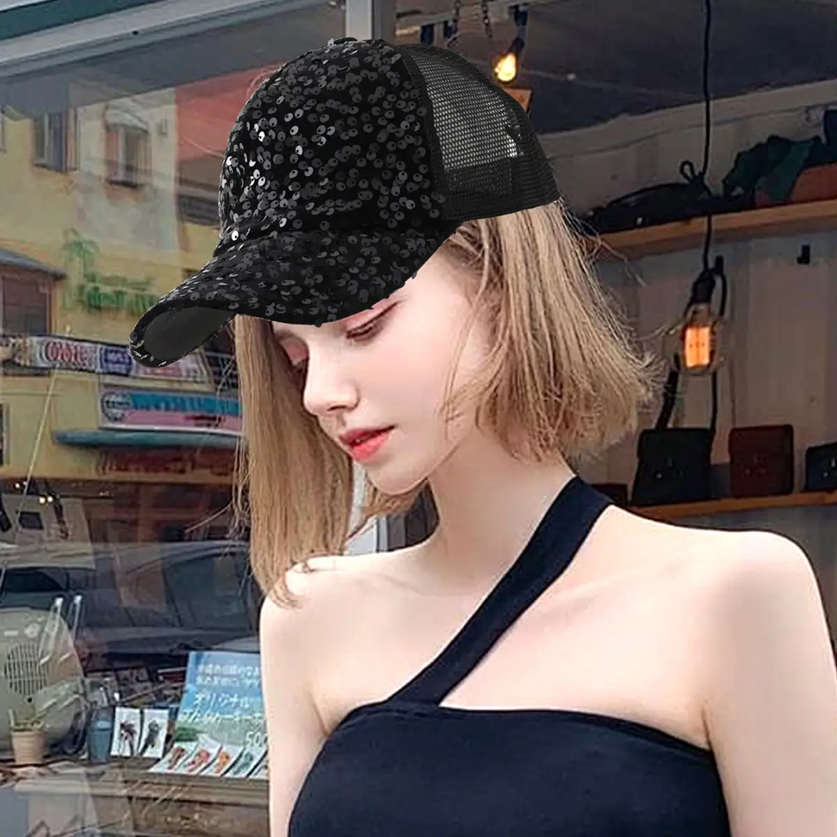 Black Sequin Grid Baseball Cap for Men Women — feature 7