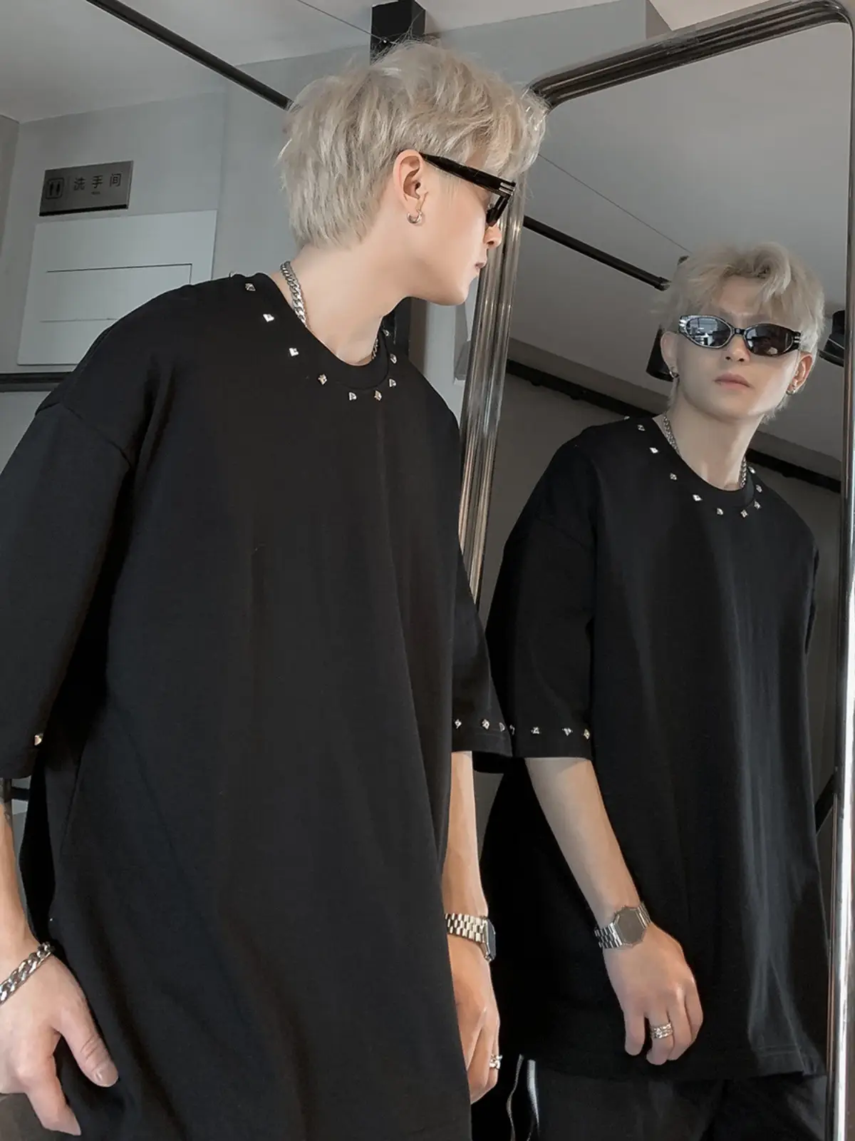 Men Black Off-Shoulder T-Shirt Summer Loose Fit - Image 4