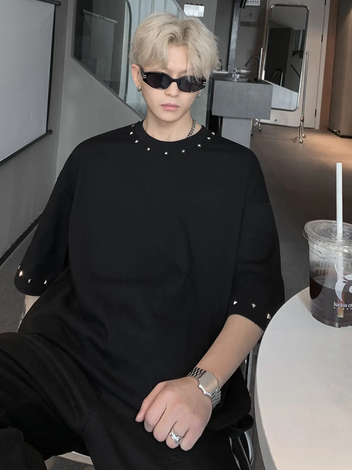 Men Black Off-Shoulder T-Shirt Summer Loose Fit - Image 5