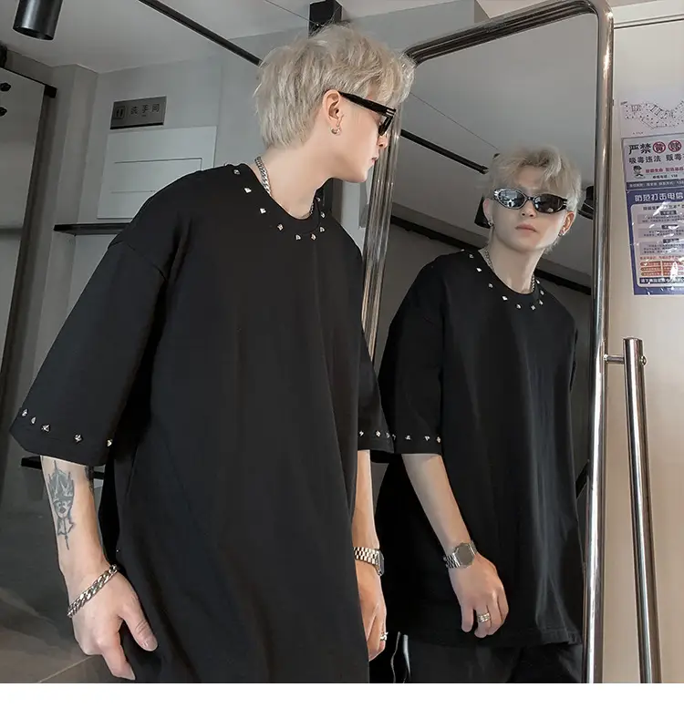 Men Black Off-Shoulder T-Shirt Summer Loose Fit — feature 10