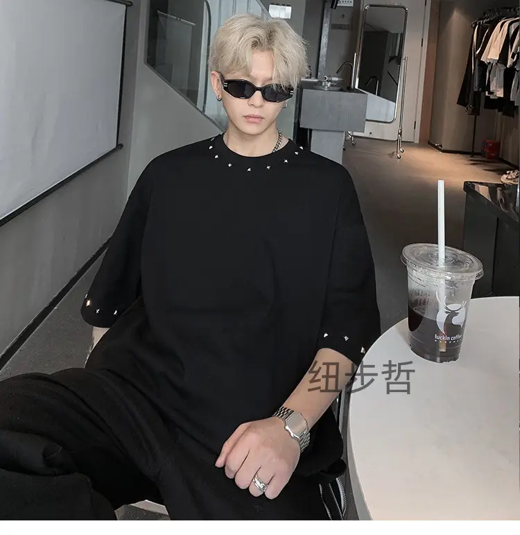 Men Black Off-Shoulder T-Shirt Summer Loose Fit — feature 11