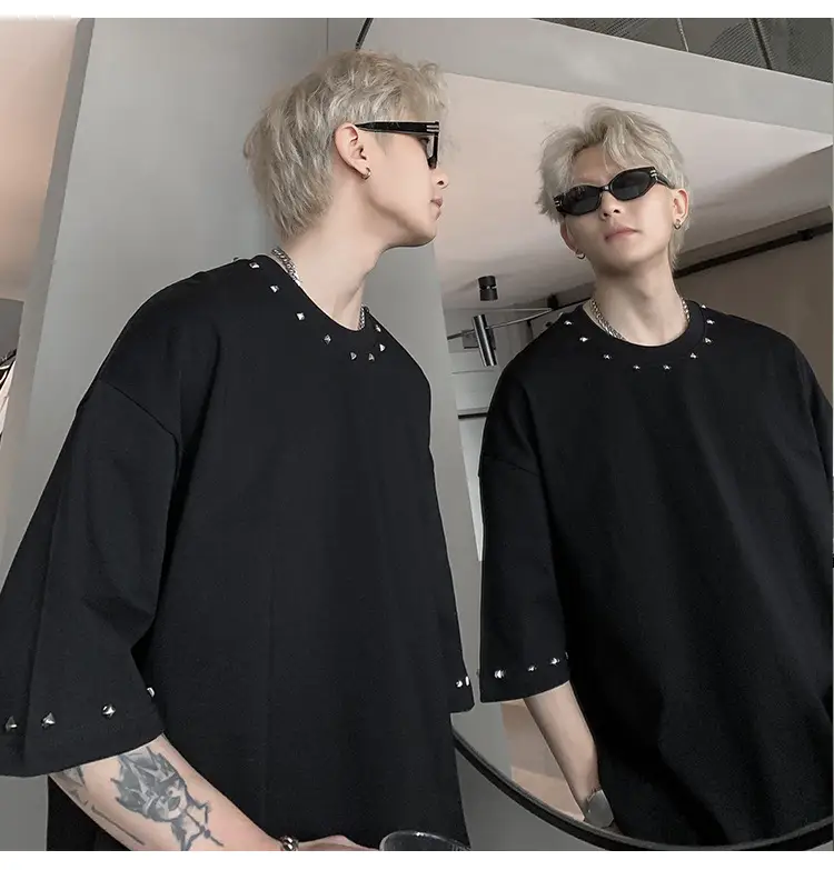 Men Black Off-Shoulder T-Shirt Summer Loose Fit — feature 12