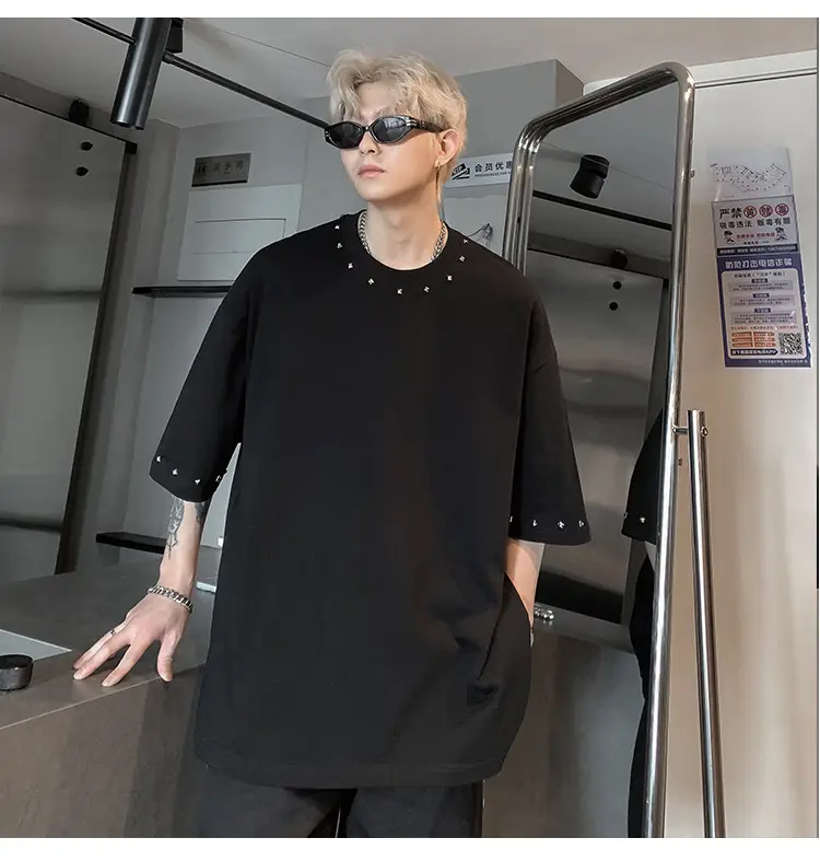 Men Black Off-Shoulder T-Shirt Summer Loose Fit — feature 13