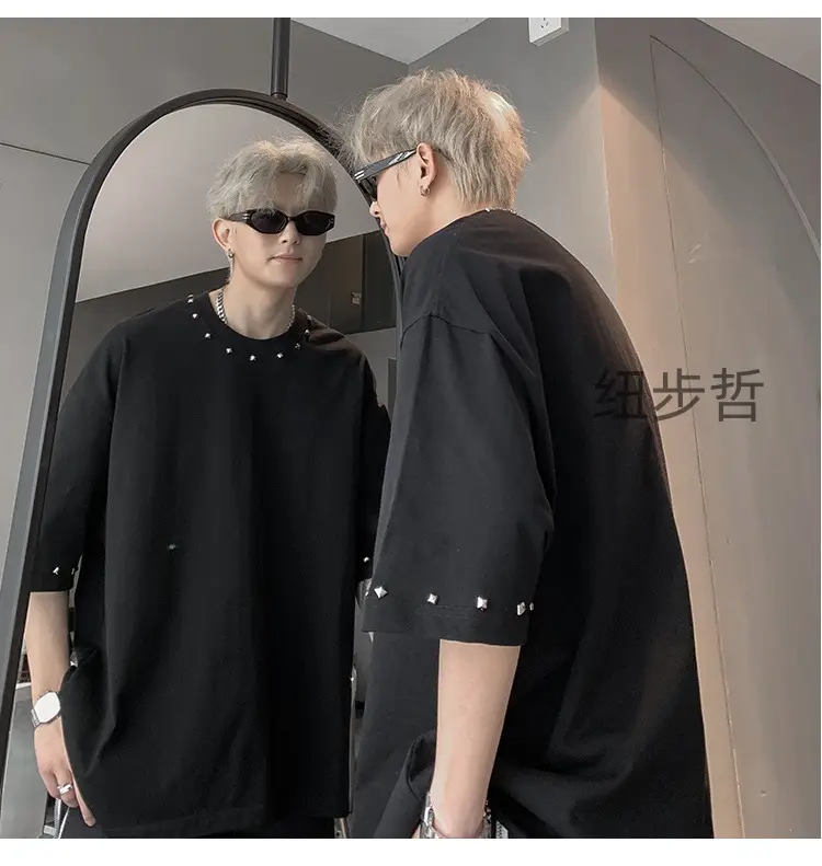 Men Black Off-Shoulder T-Shirt Summer Loose Fit — feature 14