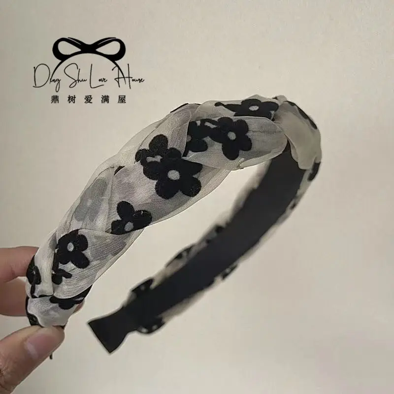 Black Mesh Twist Braided Skull Top Headband for Women - Image 5