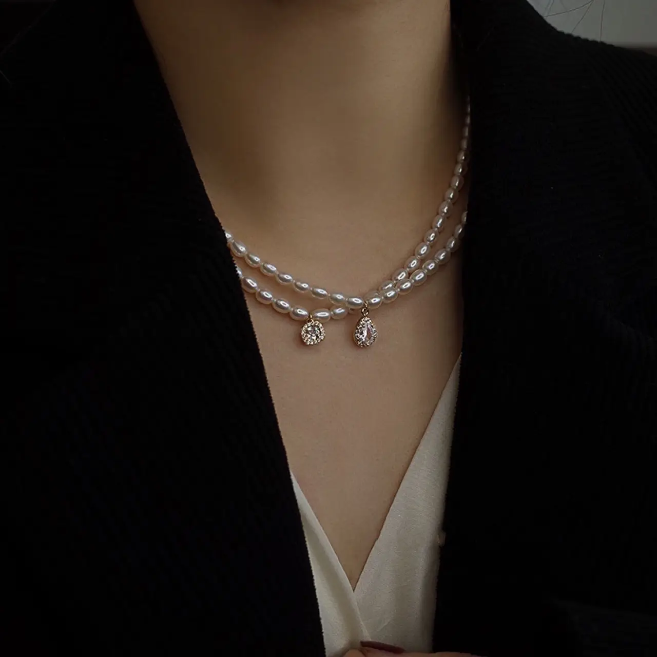 Women's Pearl Collarbone Necklace with Red Sweater — feature 10