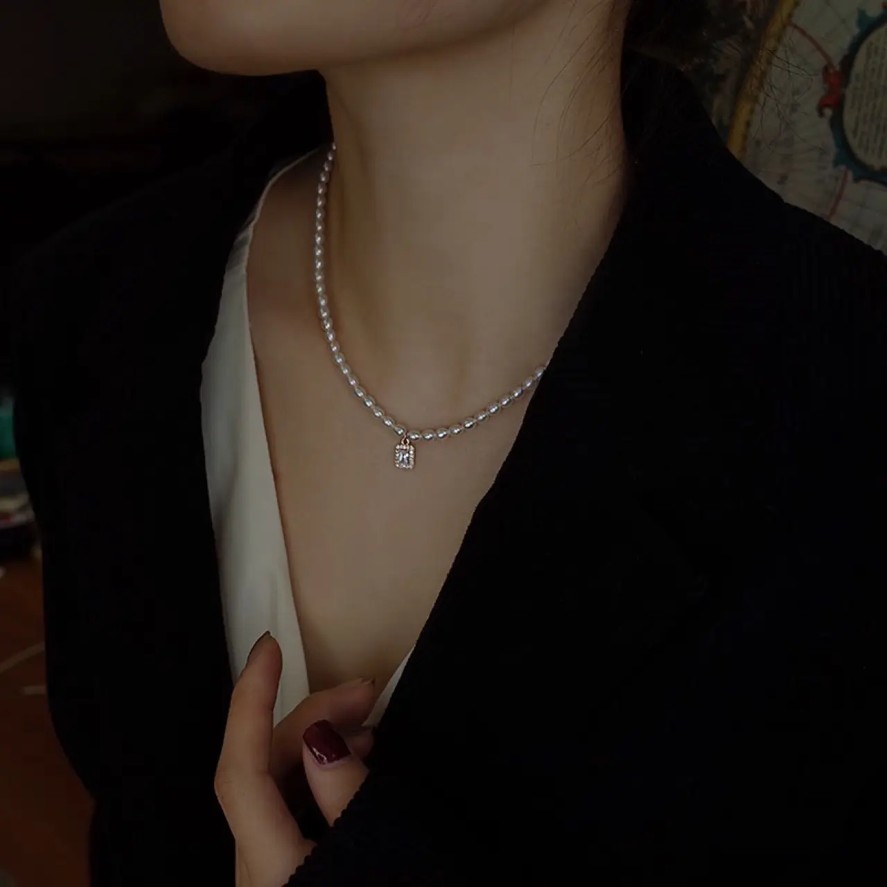 Women's Pearl Collarbone Necklace with Red Sweater — feature 7