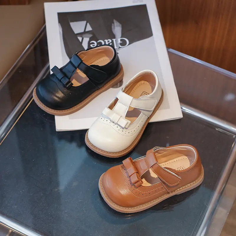 2025 New Kids Leather Bow Shoes White Soft Sole - Image 5