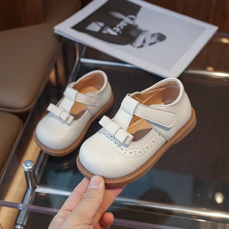 2025 New Kids Leather Bow Shoes White Soft Sole - Image 6