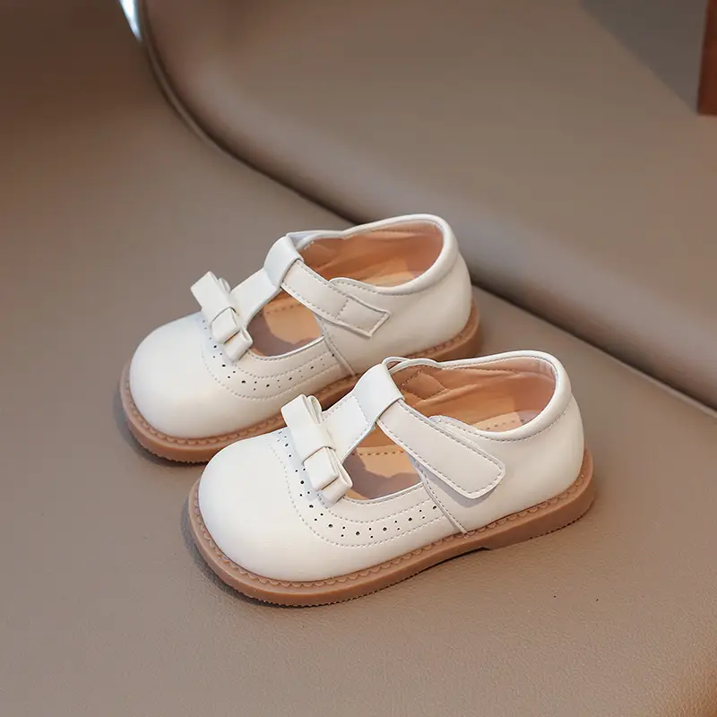 2025 New Kids Leather Bow Shoes White Soft Sole - Image 2