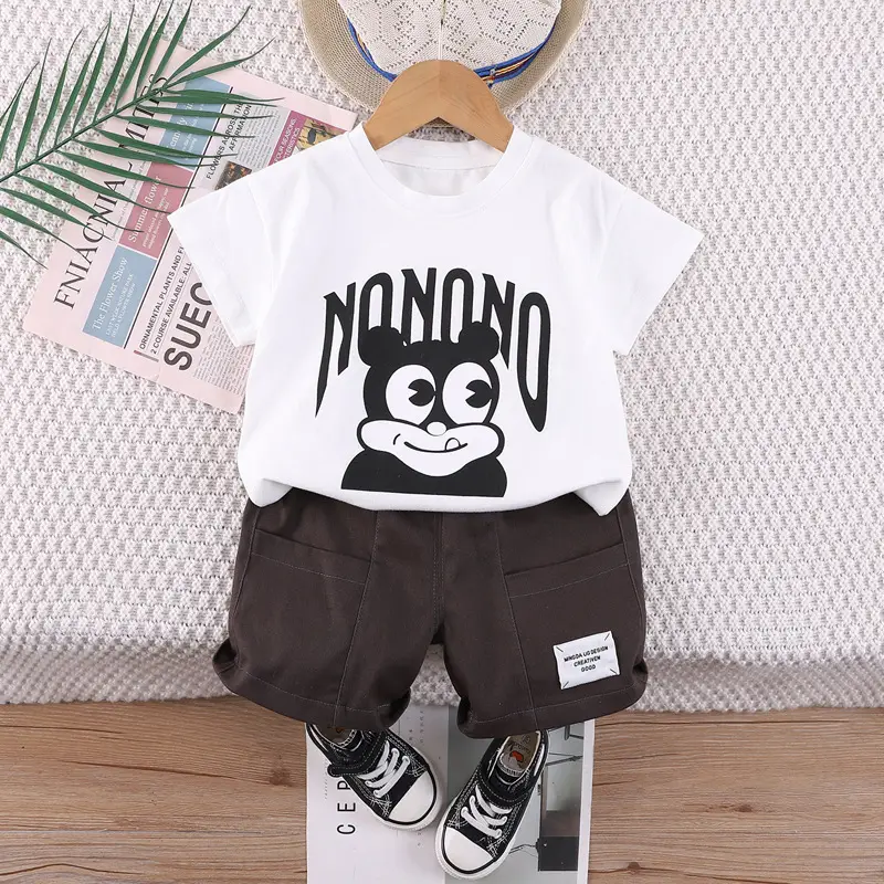 Children's Bear Print Cotton Summer Suit Beige Brown - Image 3