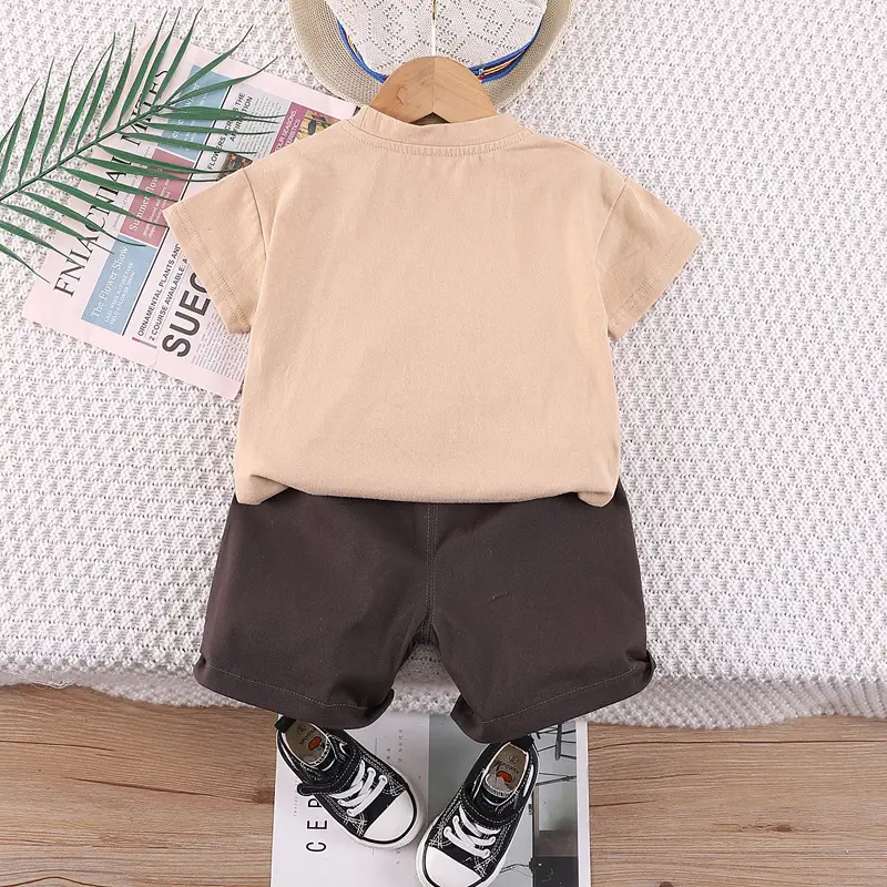 Children's Bear Print Cotton Summer Suit Beige Brown - Image 5