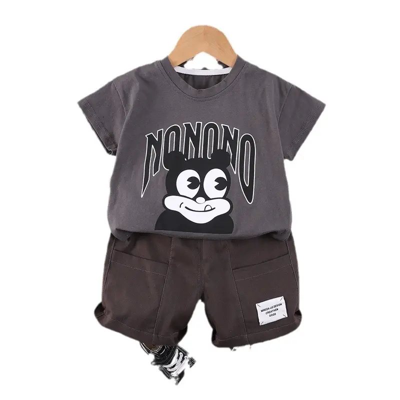 Children's Bear Print Cotton Summer Suit Beige Brown - Image 6