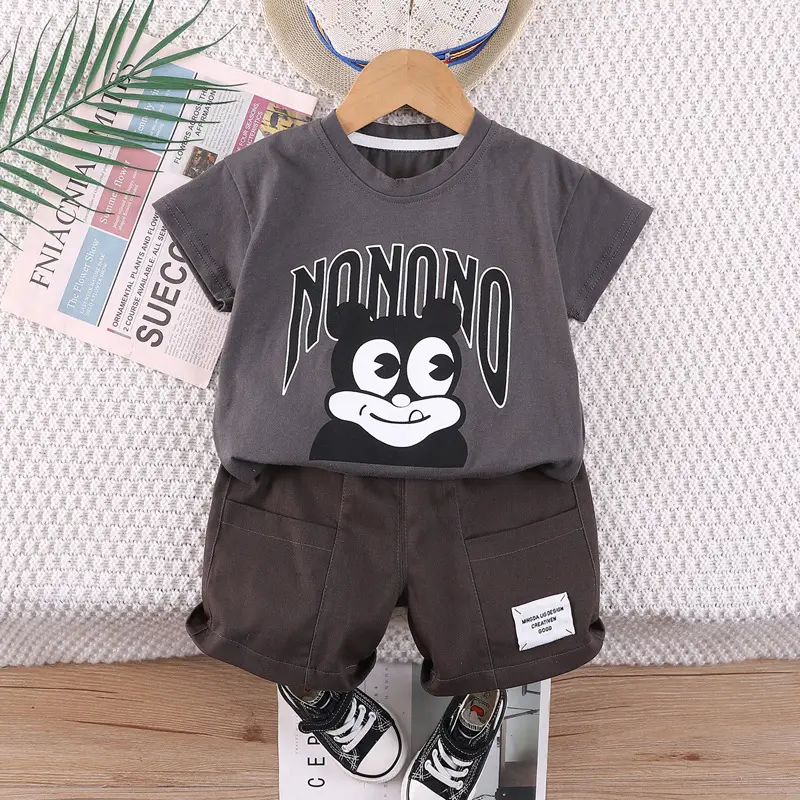 Children's Bear Print Cotton Summer Suit Beige Brown - Image 2
