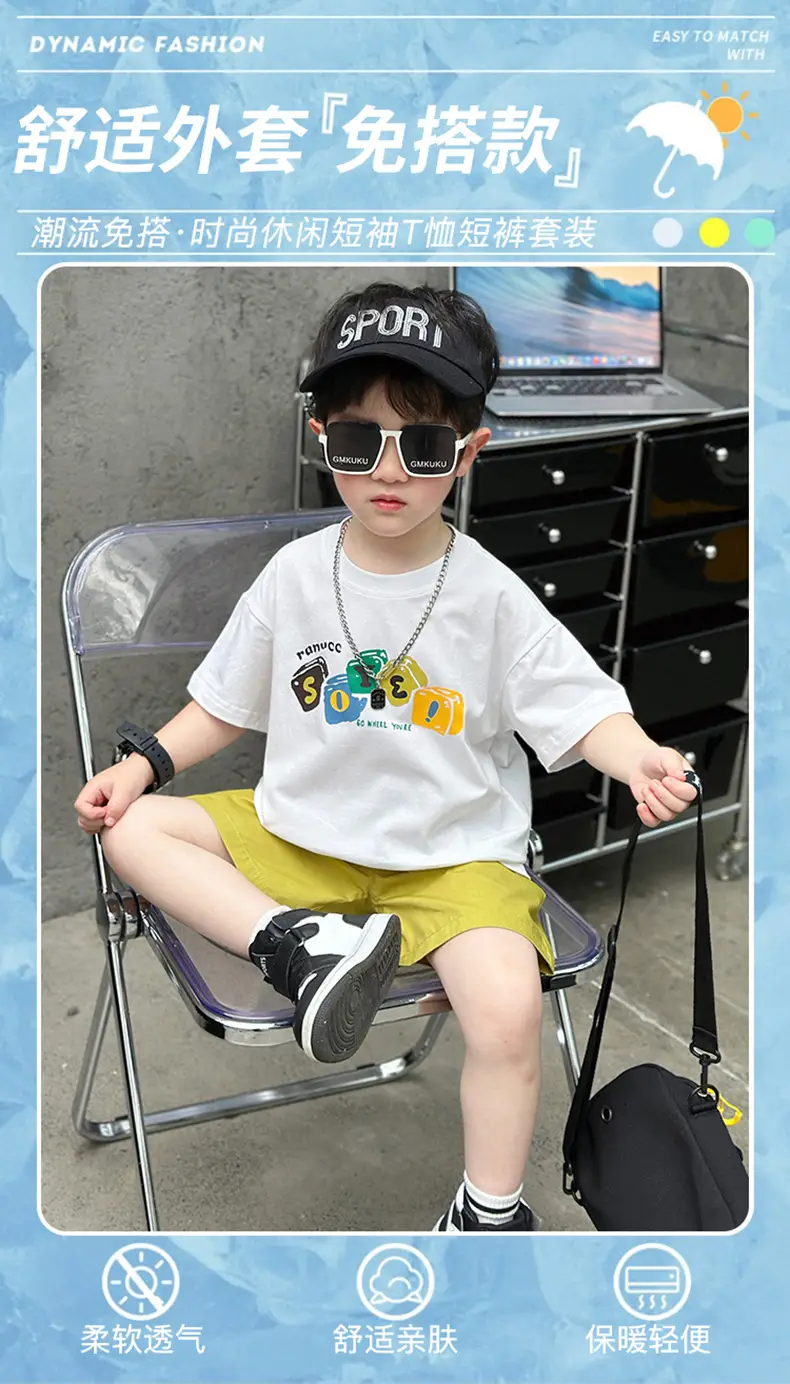 Boys Camping Short Sleeve T-Shirt Green Shorts Set — feature 1