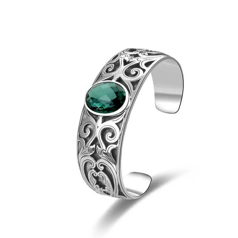 Women's Open Hollow Silver Ring with Green Crystal & Grass Design - Image 5