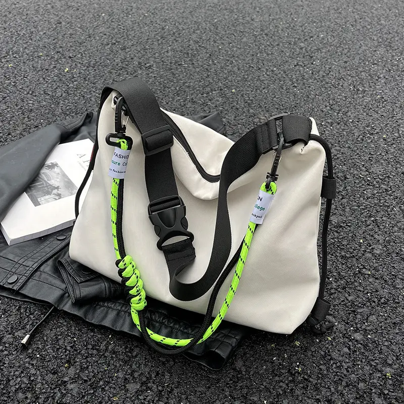 Women's Nylon Shoulder Messenger Bag Black Neon Strap - Image 6