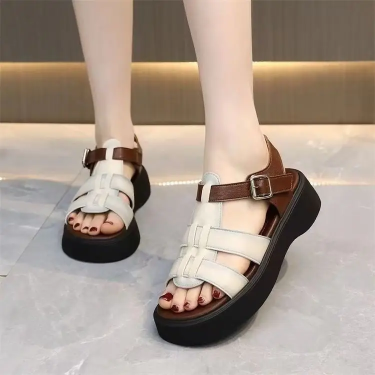 Leather platform Roman sandals women's casual soft bottom Summer 2024 new popular all-match muffin Western style height increasing - Image 5