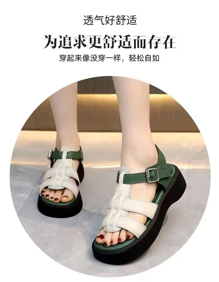 Leather platform Roman sandals women's casual soft bottom Summer 2024 new popular all-match muffin Western style height increasing — feature 3