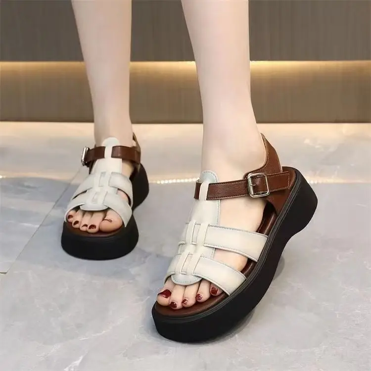 Leather platform Roman sandals women's casual soft bottom Summer 2024 new popular all-match muffin Western style height increasing — feature 6