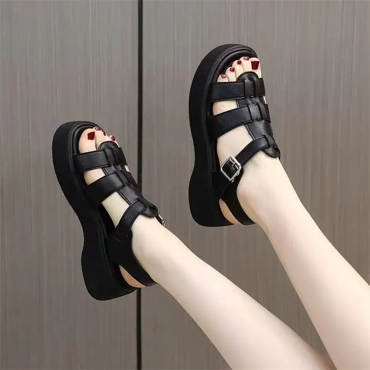 Leather platform Roman sandals women's casual soft bottom Summer 2024 new popular all-match muffin Western style height increasing — feature 7