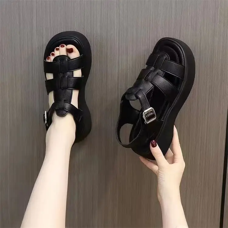 Leather platform Roman sandals women's casual soft bottom Summer 2024 new popular all-match muffin Western style height increasing — feature 9