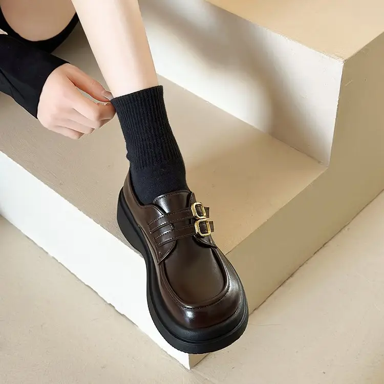 Women British Leather Platform Loafers Black 2024 - Image 2