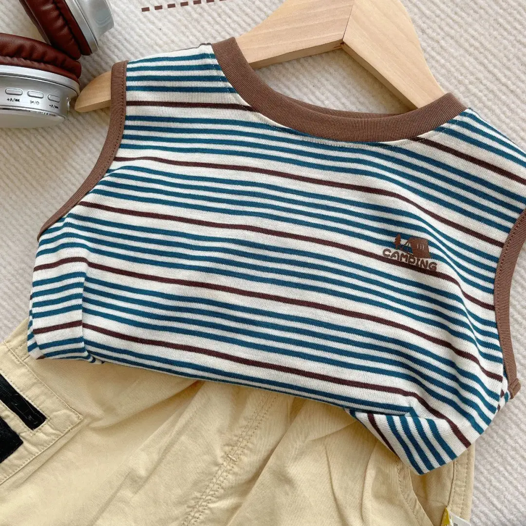 Men Olive Green Striped Sleeveless Top with Logo - Image 11