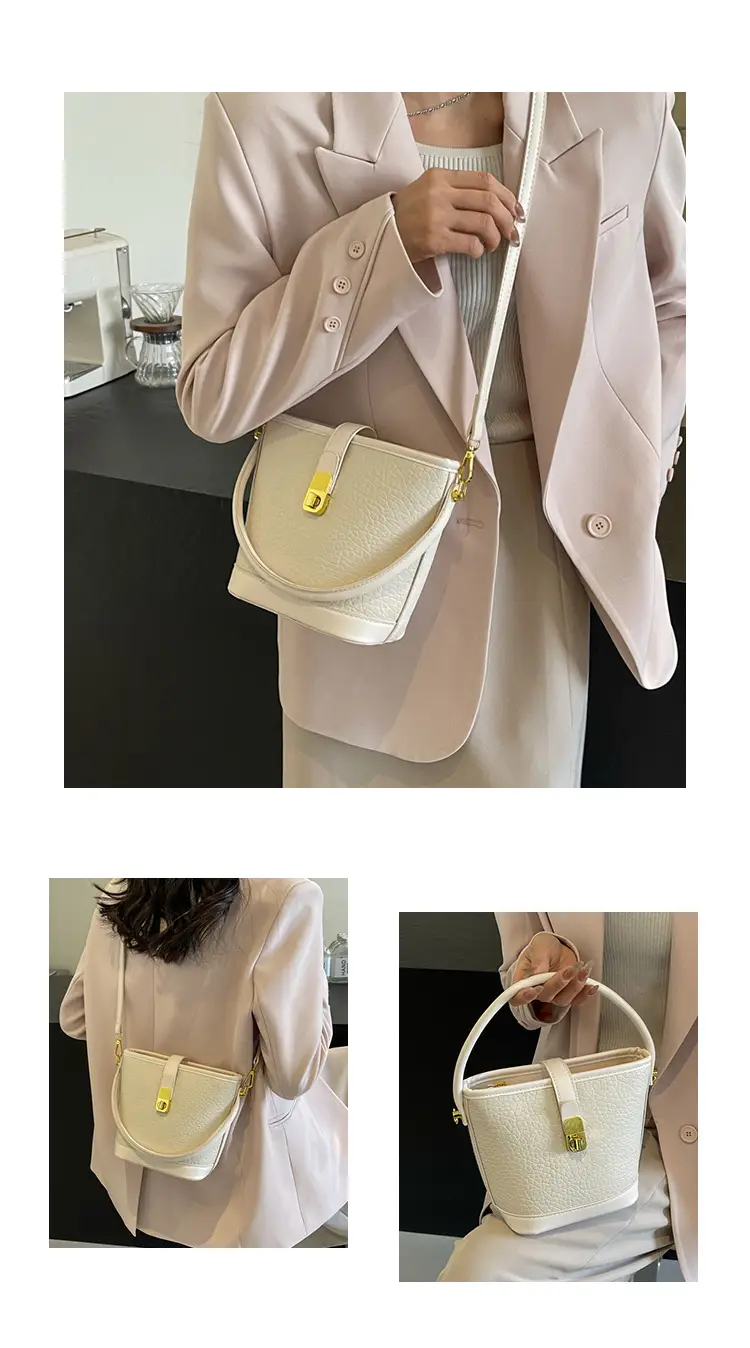 Pink Leather Bucket Bag for Women with Gold Clasp — feature 10