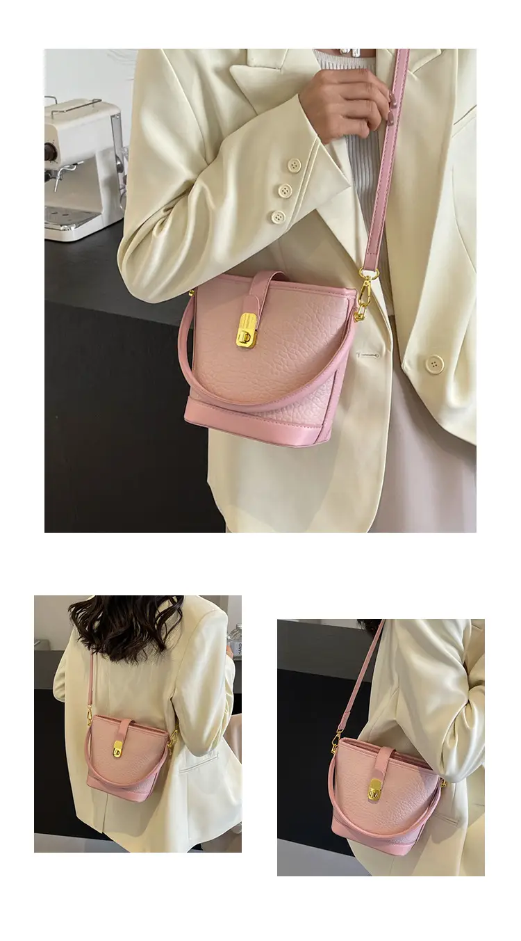 Pink Leather Bucket Bag for Women with Gold Clasp — feature 13