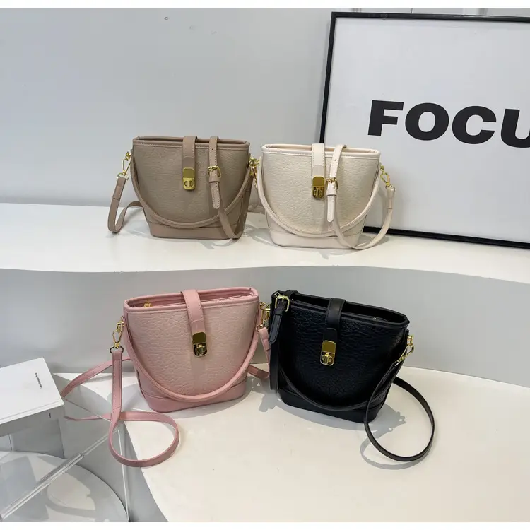 Pink Leather Bucket Bag for Women with Gold Clasp — feature 14