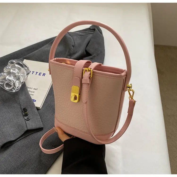 Pink Leather Bucket Bag for Women with Gold Clasp — feature 21