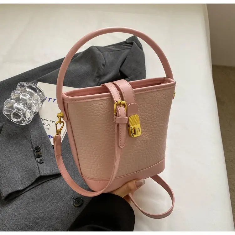 Pink Leather Bucket Bag for Women with Gold Clasp — feature 22