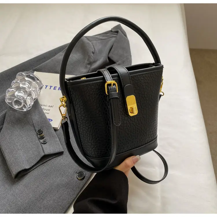 Pink Leather Bucket Bag for Women with Gold Clasp — feature 26