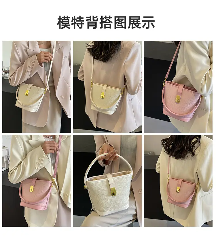 Pink Leather Bucket Bag for Women with Gold Clasp — feature 9