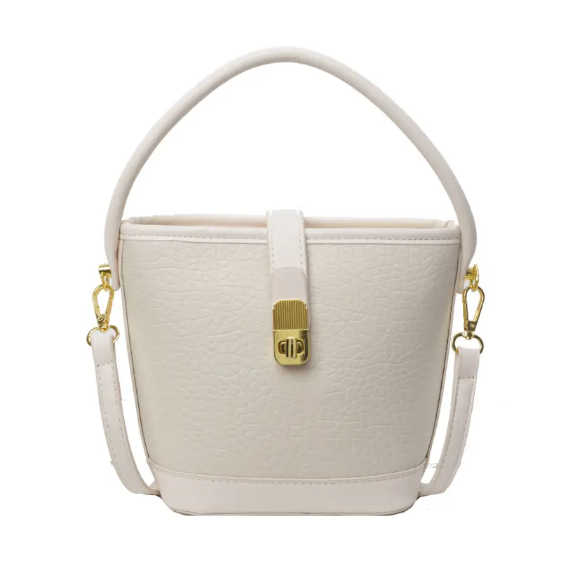 Pink Leather Bucket Bag for Women with Gold Clasp - Image 2