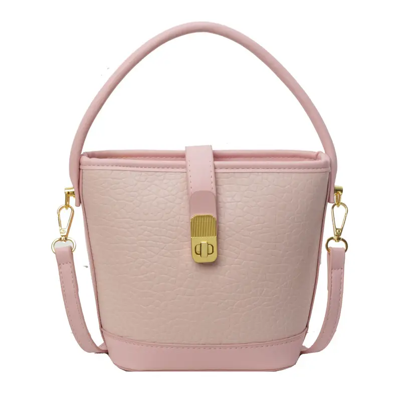 Pink Leather Bucket Bag for Women with Gold Clasp - Image 3